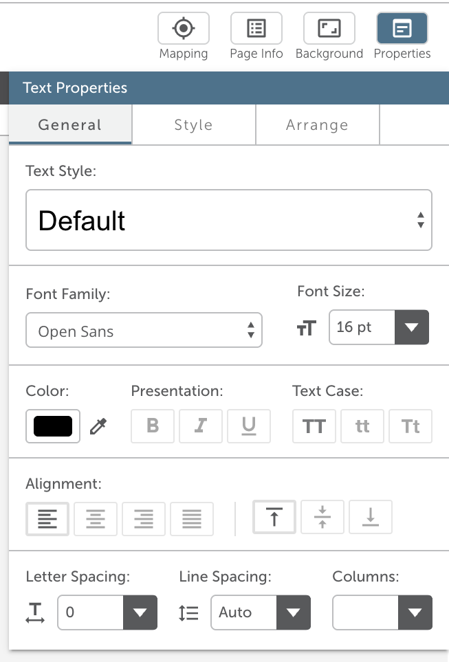 Text Properties Window