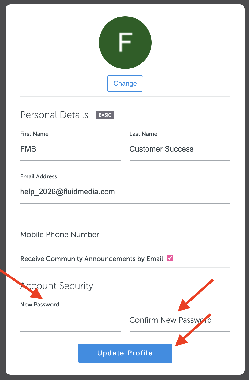 Change Password section